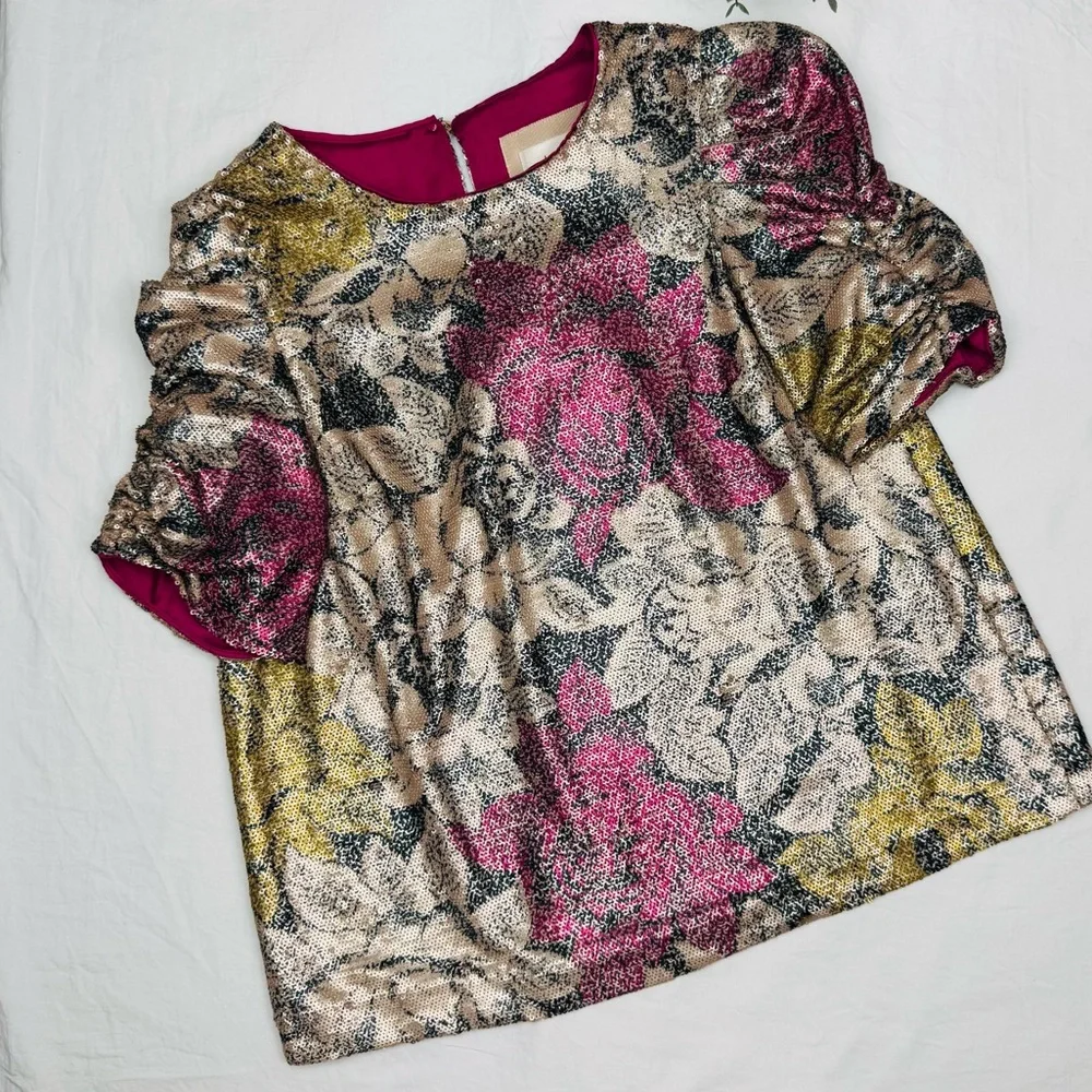 Anthropologie Marie Floral Sequin Puff Sleeve Blouse Top 2